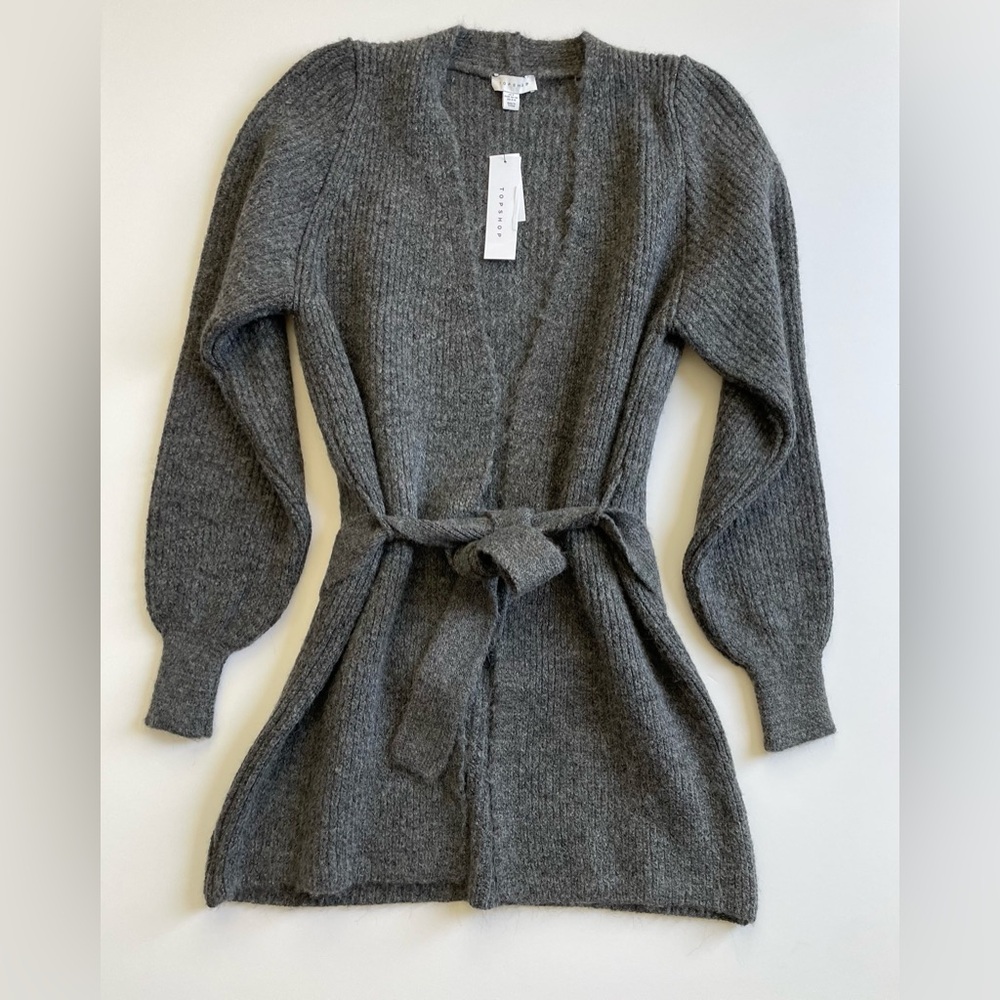 Top Shop SZ 4-6 Women’s Ribbed Long Open Front Cardigan Dark Grey NWT